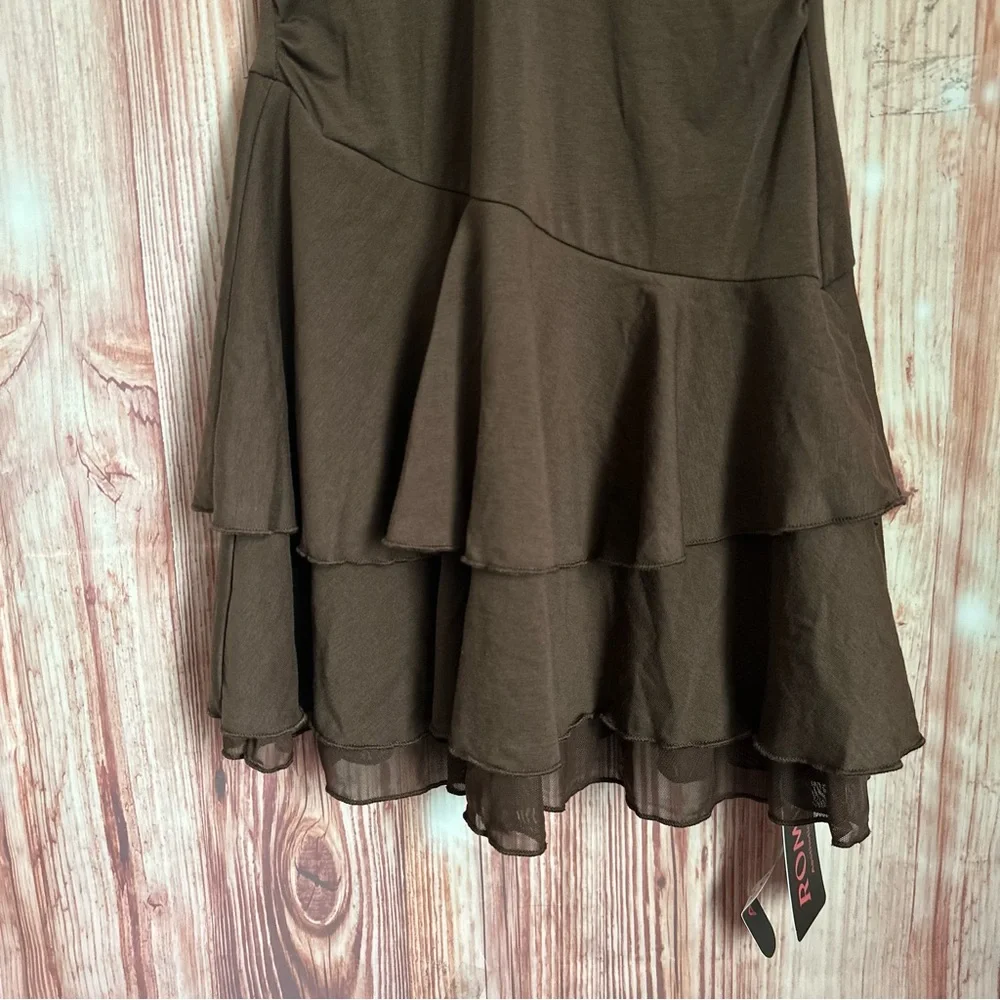 Romwe Brown The White Lotus Embroidered Tiered Hem Halter Mini Dress Sz XS - Picture 6 of 11